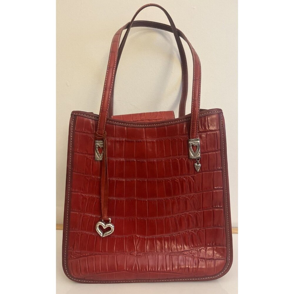 Brighton Red Croco Leather Dual Strap Magnetic Snap Shoulder Bag Heart Hangtag